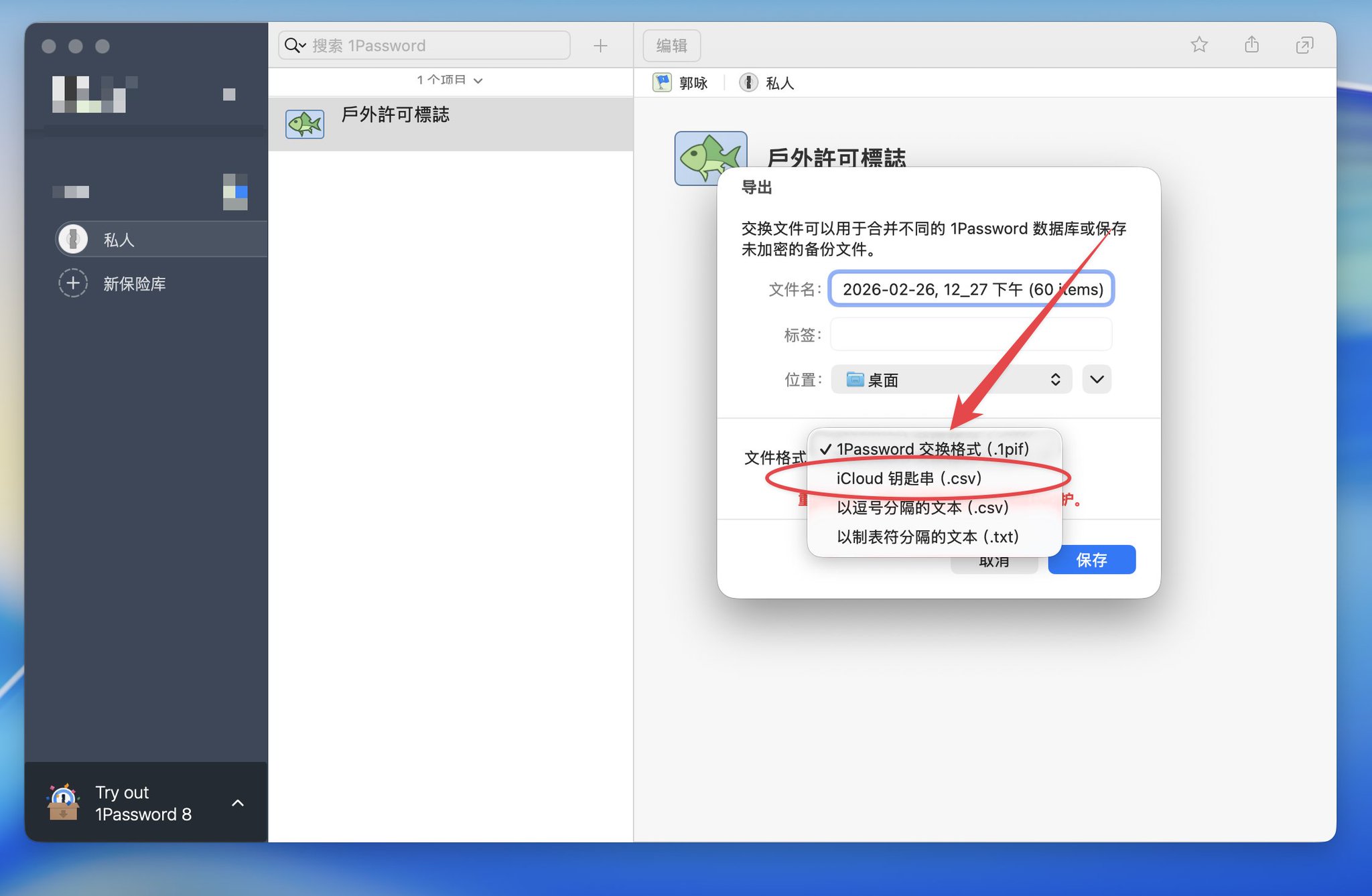 CSV export format selection screenshot