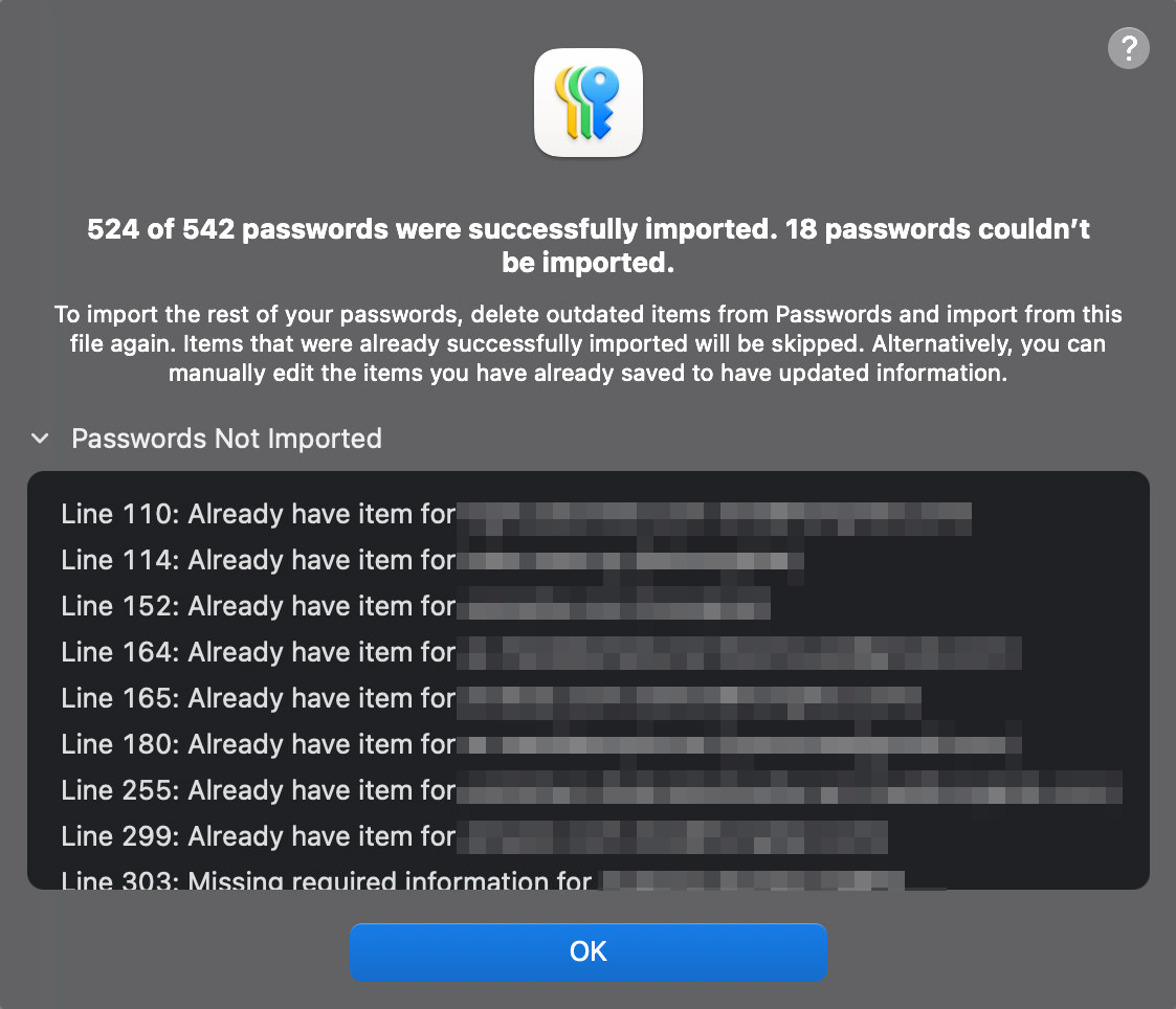 Apple Passwords import summary screenshot