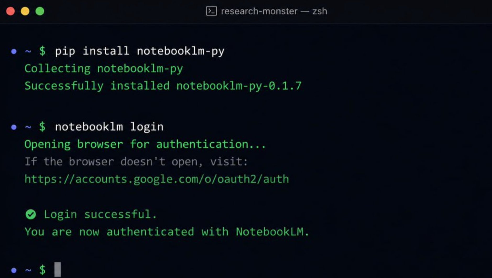 NotebookLM command line setup screenshot