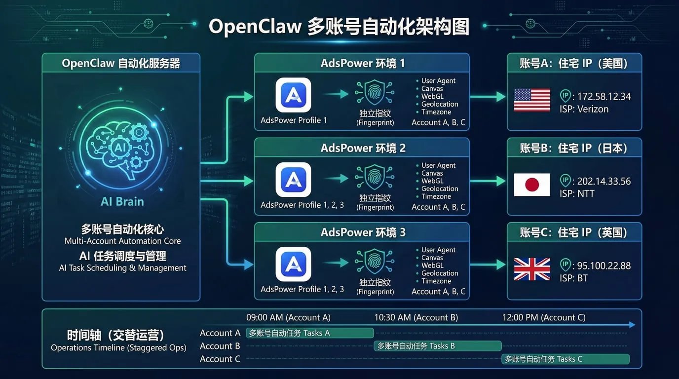 OpenClaw + 指纹浏览器 + 动态 IP:同时养 10+ 个社交账号的自动化防封指南 配图 8